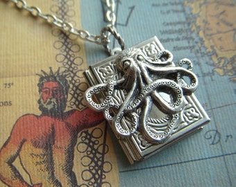 Small Book Octopus Locket Necklace Jewelry Girl's Boy's Steampunk Cosplay Silvertone Metal