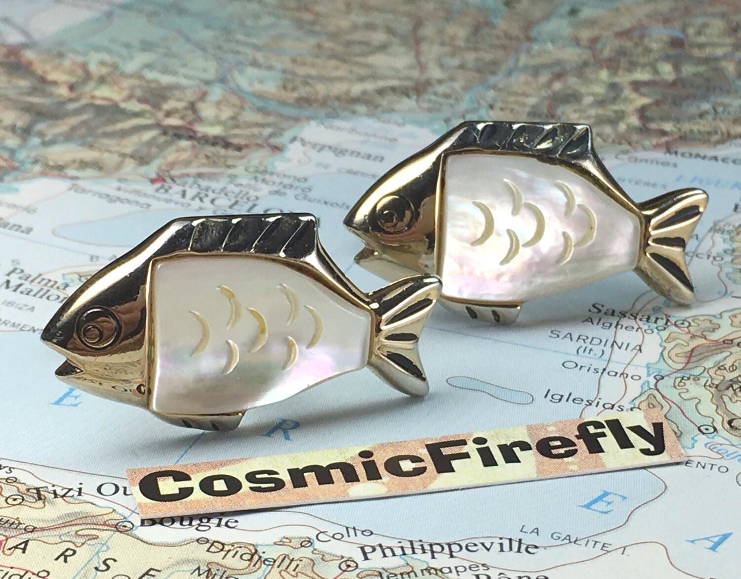 Very LARGE Vintage Fish Cufflinks 1950's Mother of Pearl SWANK Brand Made in USA Men's Christmas Gifts Big Statement French Cuff Links