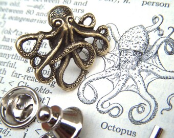 Tiny Octopus Tie Tack Lapel Pin Antiqued Brass Metal Gothic Victorian Nautical Steampunk Style From Cosmic Firefly