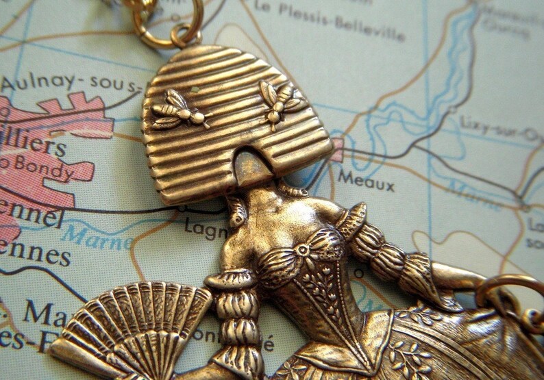 Brass Bee Girl Necklace Victorian Beehive Head Antiqued Brass Steampunk Necklace Dark Circus Freak Show Handcrafted Art Jewelry Freak Show