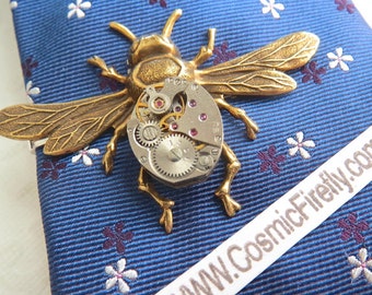 Men's Steampunk Tie Clip Brass Bee Tie Clip Upcycled Vintage Watch Movement Winged Bug Gothic Victorian Style