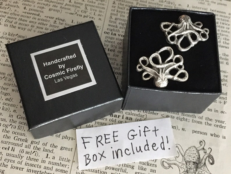 Miniature Octopus Cufflinks Antiqued Silver Plated Men's Accessories & Gifts For Dad FREE Gift Box Nautical Steampunk Cosplay Cruise image 3