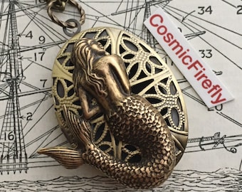 Girl's Brass Mermaid Locket Necklace Vintage Style Oval Gothic Victorian Nautical Steampunk Woman's
