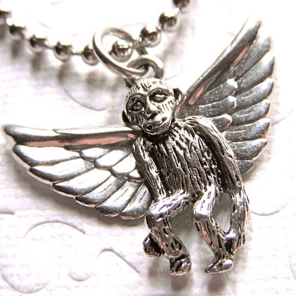 Small Flying Monkey Necklace Wizard of Oz Inspired Small Silver Plated Metal Kitsch Costume Jewelry Handcrafted Crafty Art Jewelry