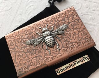 Woman's Business Card Case Bumble Bee Gothic Victorian Steampunk Handcrafted Copper Plated Card Wallet Floral Pattern