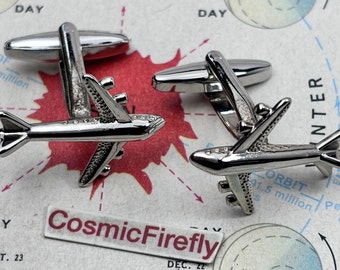 Jumbo Jet Airplane Cufflinks Miniature Jet Plane Vintage Nickel Silver Plated Metal Pilot Gift