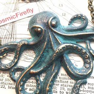 Rustic Green Octopus Necklace Aged Patina Color Primitive Finish Antiqued Brass Stamped Metal Long Brass Rolo Chain Women's Steampunk image 1