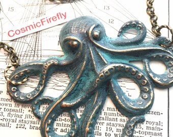 Rustic Green Octopus Necklace Aged Patina Color Primitive Finish Antiqued Brass Stamped Metal Long Brass Rolo Chain Women's Steampunk