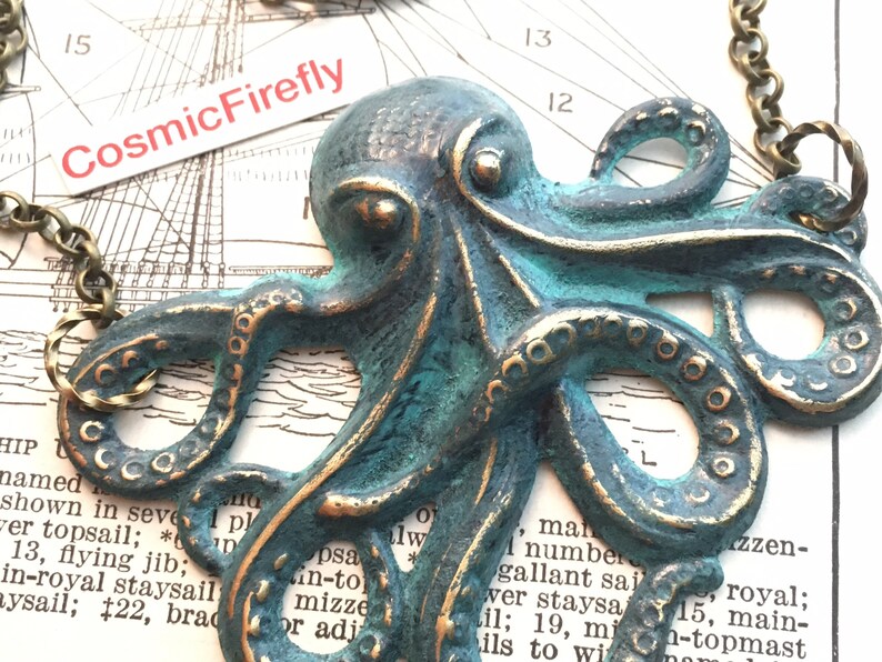 Rustic Green Octopus Necklace Aged Patina Color Primitive Finish Antiqued Brass Stamped Metal Long Brass Rolo Chain Women's Steampunk image 1