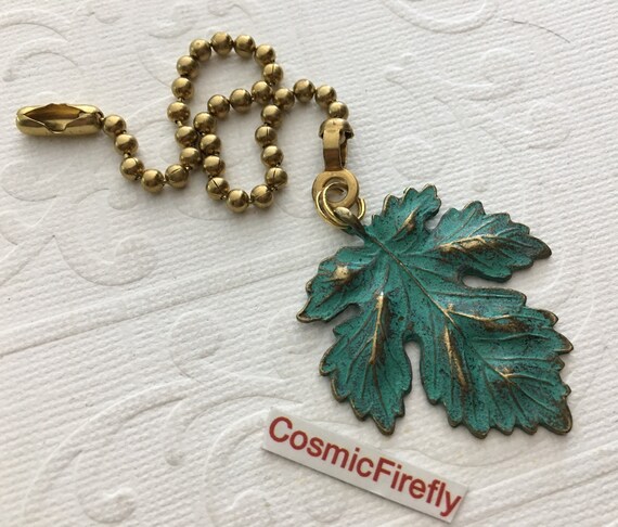 Small Green Brass Leaf Fan Pull Chain Steampunk Style Ceiling Fan Pull Gothic Victorian Style Handcrafted Fan Pull Fall Leaf Autumn Decor