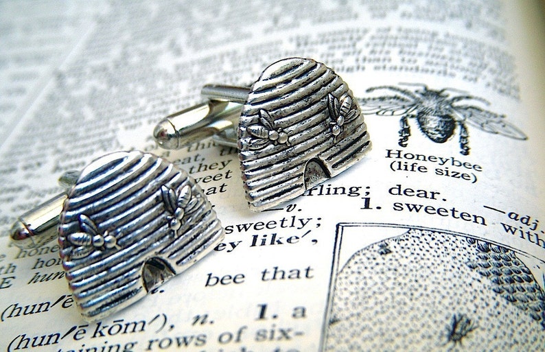 Bees Beehive Cufflinks Silver Plated Miniatures Tiny Bees Bee Cufflinks image 3