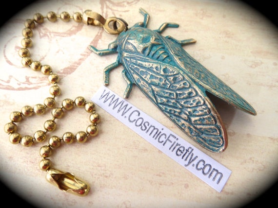 Green Cicada Fan Pull Steampunk Ceiling Fan Pull Chain Antiqued Brass Metal Fan Pull Insect Bug Entomology Cosmic Firefly Fan Pull Made Usa