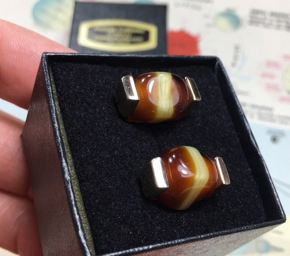 1940's Vintage Art Deco Cufflinks Brown GLASS Sto… - image 4