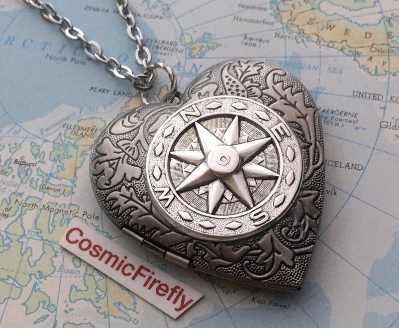 Big Heart Locket Necklace Nautical Compass Locket Necklace Antiq Big Heart Locket Necklace Nautical Compass Locket Necklace Antiq