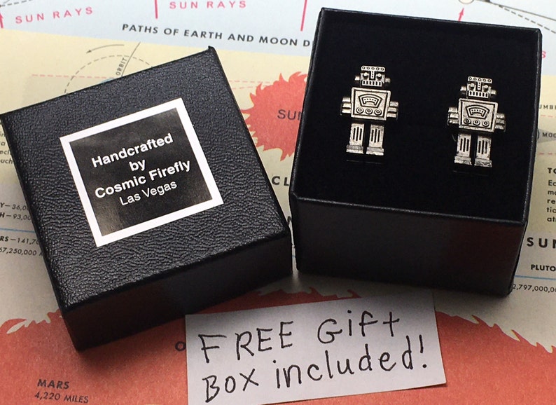 ROBOT CUFFLINKS Silver Plated Steampunk Wedding Cufflinks Gift Box image 2