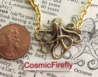 Tiny Gold Tone Octopus Necklace Miniature Goldtone Metal Small Petite Nautical Victorian Steampunk Inspired Octopi Jewelry