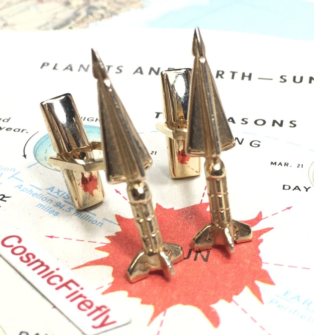 Vintage Space Rocket Missile Cufflinks Gold Tone 1960's Jet Age RUGIN