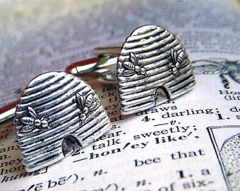 Bees Beehive Cufflinks Antiqued Silver Plated