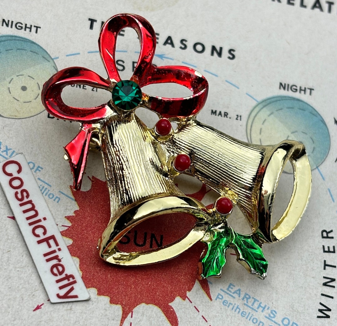 Vintage Christmas Bells Brooch Pin Gift Costume Jewelry Red Bow Gold ...