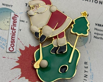 Vintage Christmas Pin Berebi Golfing Santa Claus Pin Brooch Costume Jewelry 1980's Christmas Tree Golfer's Gift