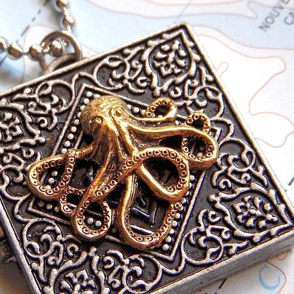 Octopus Necklace Square Locket Rustic Gothic Victorian Nautical Steampunk Jewelry Magnetic Clasp Gold & Silver