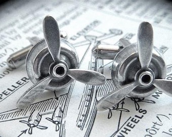 Men's Steampunk Propeller Cufflinks Antiqued Silver Plated Spinning Cuff Links Made USA