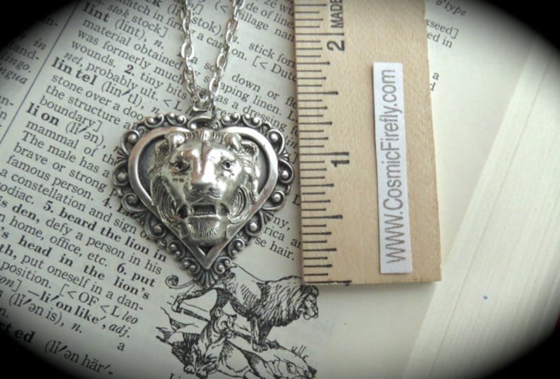 Lion Necklace Antiqued Silver Heart Necklace Lion Heart Etsy