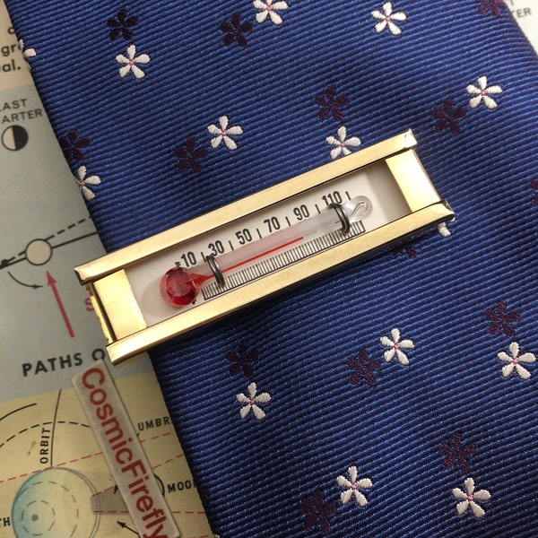 1950's Vintage Thermometer Tie Bar Clip Working Miniature Novelty Metal Glass