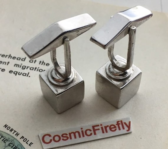 1950's Silver Cube Cufflinks Atomic Jet Age Abstr… - image 2