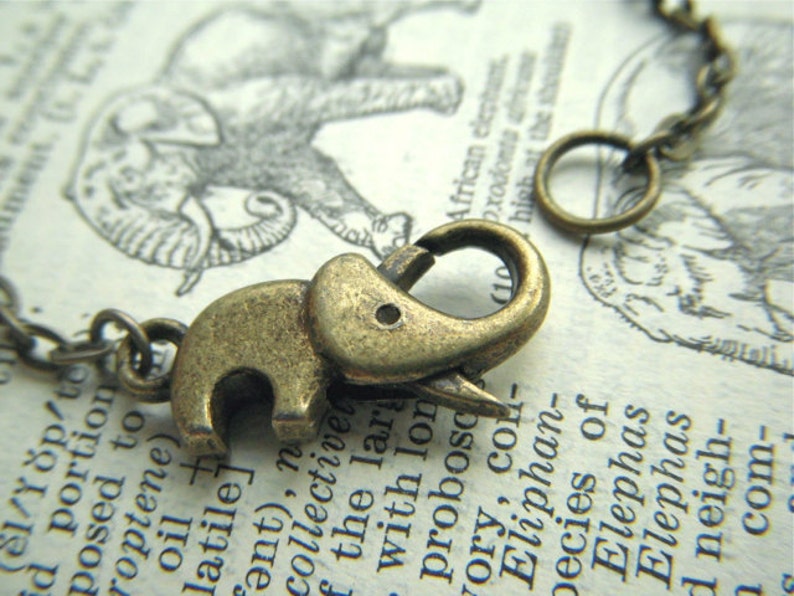 Baby Elephant Necklace Tiny Antiqued Brass Bronze Rustic Finish Fashion Jewelry Clasp Trunk Up For Good Luck image 4