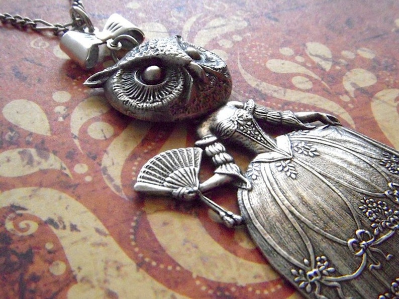 Victorian Owl Girl Necklace Victorian Dark Circus Freak Vintage Inspired Style Antiqued Silver Art Jewelry Bird Woman image 2