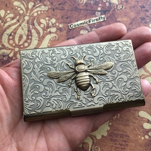 Antiqued Brass Bee Business Card Case Vintage Inspired Victorian Steampunk Card Wallet NEW