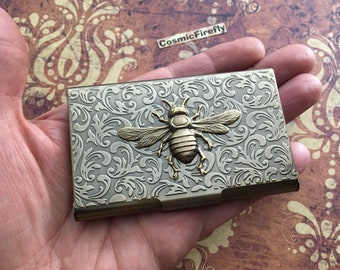 Antiqued Brass Bee Business Card Case Vintage Inspired Victorian Steampunk Card Wallet NEW