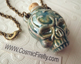 Halloween Skull Necklace Rustic Blue Raku Ceramic Bottle Brass Rolo Chain Boy's Necklace Men's Steampunk Necklace