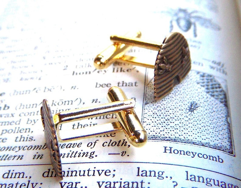 Antiqued Brass Honey Bee Hive Beehive Cufflinks Cosmic Firefly Handcrafted Steampunk Style image 2