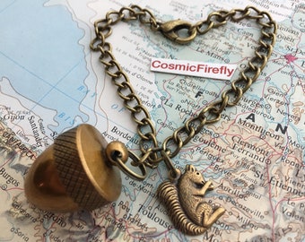 Squirrel Charm Bracelet Acorn Locket Rustic Antiqued Brass Girl's Steampunk Jewelry Woman's