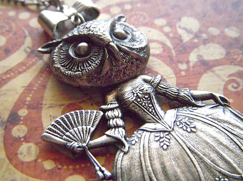 Victorian Owl Girl Necklace Victorian Dark Circus Freak Vintage Inspired Style Antiqued Silver Art Jewelry Bird Woman image 4