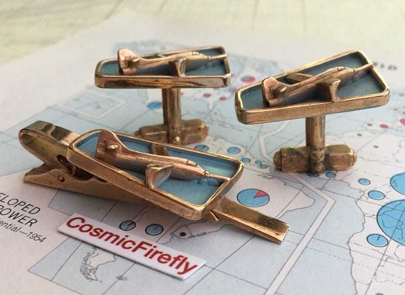 Mid Century Vintage Cufflinks USAF Jet Fighter Plane Steampunk Cufflinks Men/'s Cufflinks Antique Cufflinks Jet Pilot Tie Bar ANSON