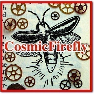 May include: A black and white illustration of a firefly with radiating lines, surrounded by various sized gears. The text "CosmicFirefly" is overlaid on the image in red and white.