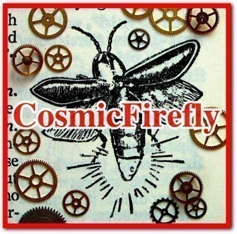 May include: A black and white illustration of a firefly with radiating lines, surrounded by various sized gears. The text "CosmicFirefly" is overlaid on the image in red and white.