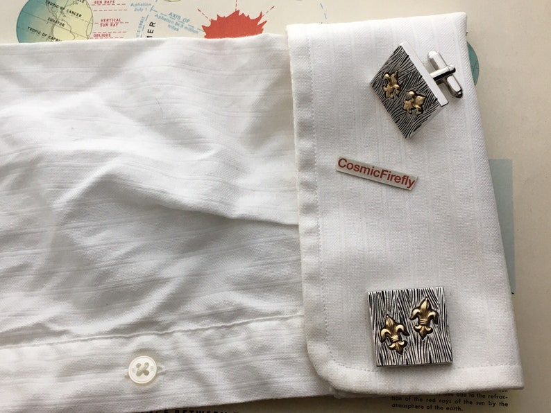Mid Century Modern Vintage Fleur De Lis Cufflinks /& Foi Bois Wood Grain Tie Bar 1950/'s Modernist Wedding