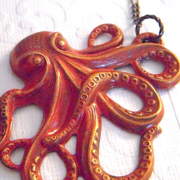 Octopus Necklace Large ORANGE Kraken Pendant Necklace - Brass Chain Included - Handpainted Nautical Steampunk Style