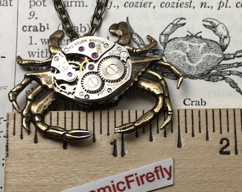 Steampunk Necklace Brass Crab Necklace Vintage Watch Movement Crab Nautical Sealife Popular Jewelry Rustic Thin Stamped Metal Lightweight
