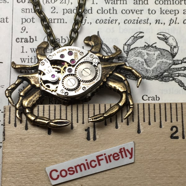 Steampunk Necklace Brass Crab Necklace Vintage Watch Movement Crab Nautical Sealife Popular Jewelry Rustic Thin Stamped Metal Lightweight