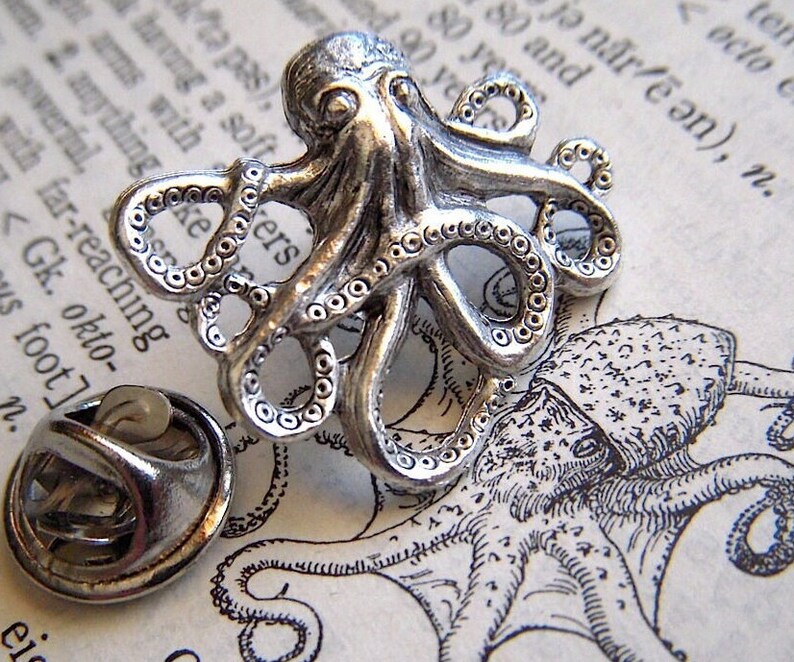 Tiny Octopus Tie Tack Lapel Pin Silver Plated Gothic Victorian Nautical Steampunk From Cosmic Firefly image 4