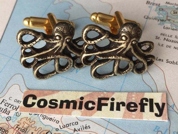Men's Antiqued Gold Brass Octopus Cufflinks Vintage Inspired Gothic Victorian Nautical Steampunk