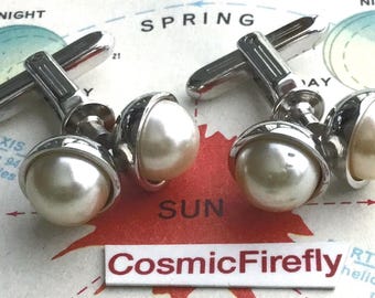 Vintage Art Deco Atomic Cufflinks Modernist 1950's MCM Jet Age Double Pearl HICKOK