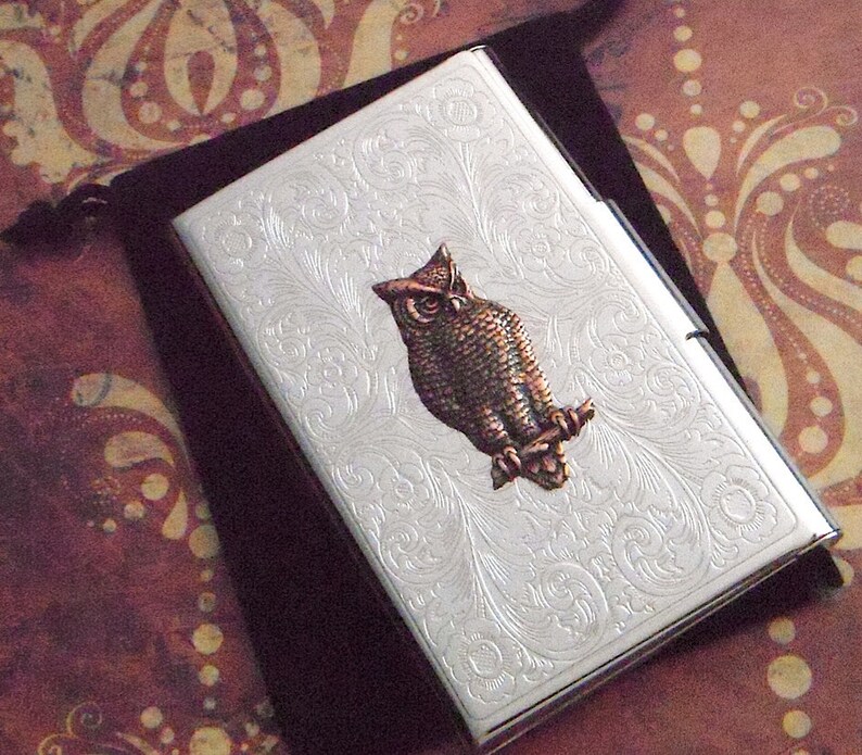 Victorian Owl Business Card Case Silver Card Holder Copper Owl Etsy