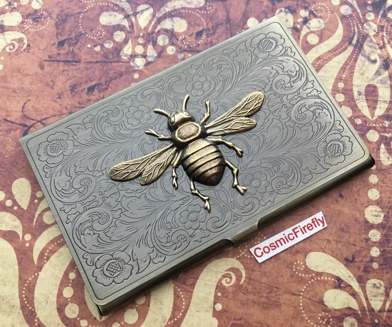 Antiqued Brass Bee Business Card Case Holder Vintage Inspired Victorian Steampunk Cosplay Prop 