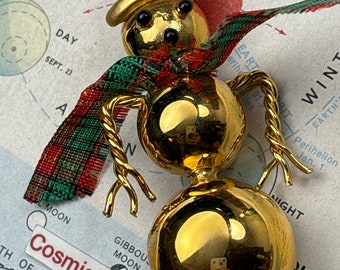 Vintage Christmas Snowman Brooch Pin Gold Tone Wire Arms Robot Snow Man